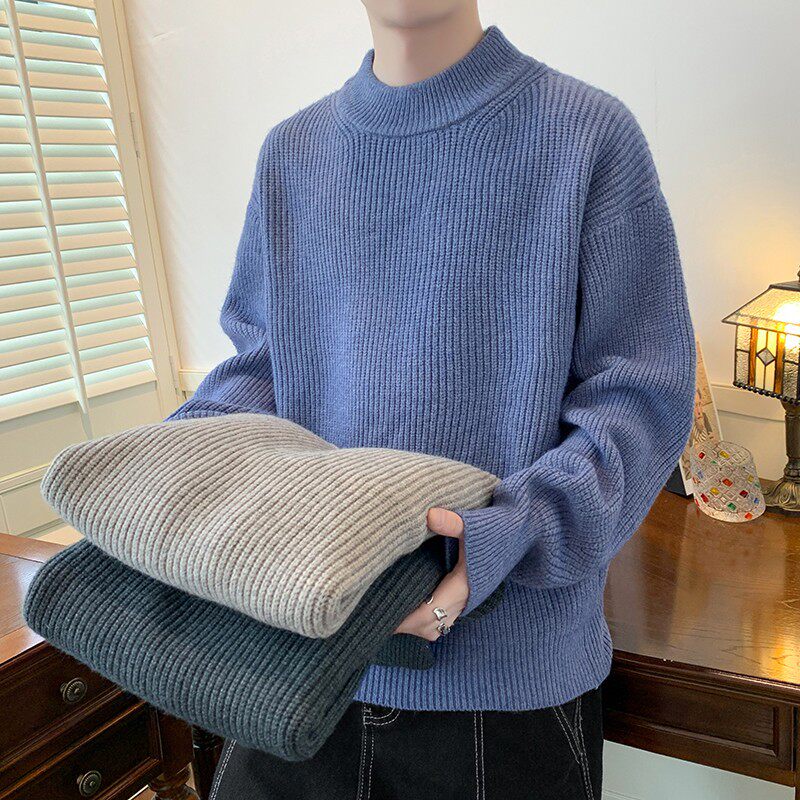 毛衣男款秋冬季竖条宽松半高领针织衫简约保暖套头潮牌打底线衣服