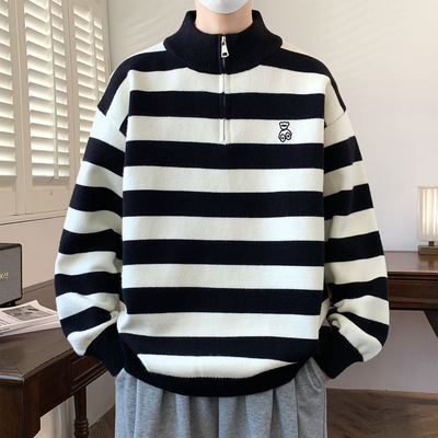 半拉链毛衣男款秋冬季2025新款青少年条纹小熊加厚内搭针织打底衫