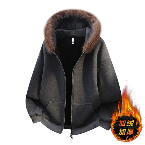 加绒外套男秋冬季2025新款美式开衫夹克男连帽加厚保暖毛领派克服