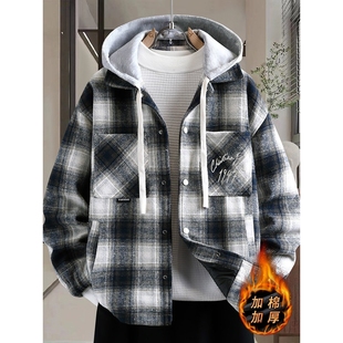 高级感格子夹克男生秋冬季2025新款潮牌青少年加绒加厚假两件外套