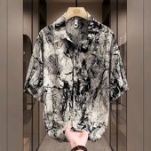 高级感潮牌痞帅半袖 扎染短袖 冰丝薄款 男夏季 衬衣宽松休闲外套 衬衫