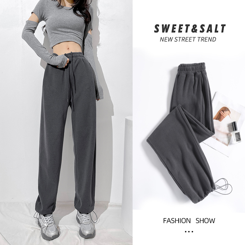 灰色运动裤女春秋宽松直筒抽绳束脚休闲阔腿加绒裤子秋季美式卫裤