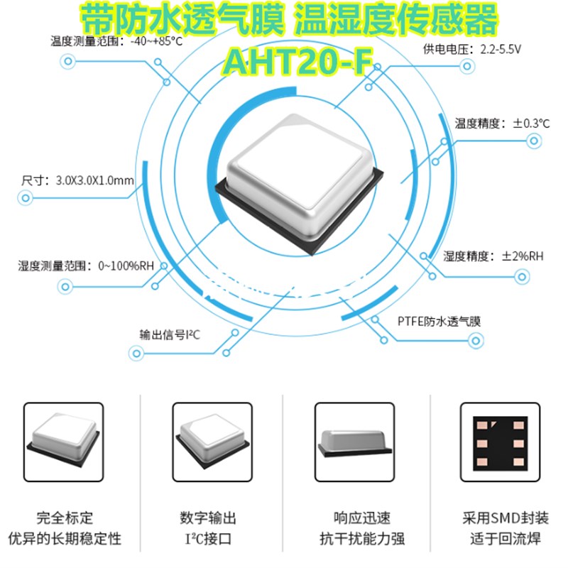AHT20-F防水透气适于回流焊的集成式温湿度传感器数字输出I2C接口