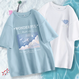 上衣半袖 新款 体恤X 拉夏贝尔蓝色宽松t恤女2023年夏季 纯棉印花短袖