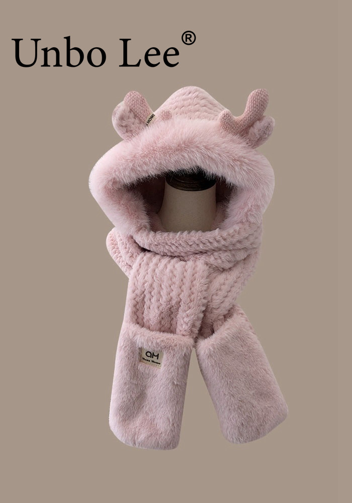 이운보 작은 뿔 귀엽고 다재다능한 가을 겨울 여성용 이중층 두꺼운 귀 보호 모자 스카프 장갑 올인원 학생