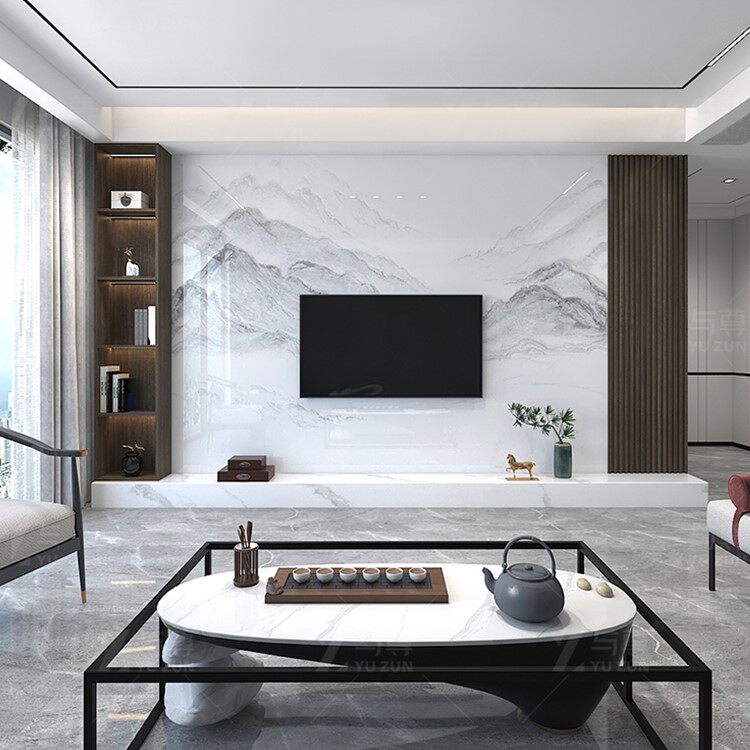 鑫宏盛岩电视背景墙悬空电板墙厅瓷砖大理石客装饰影视视墙木格栅