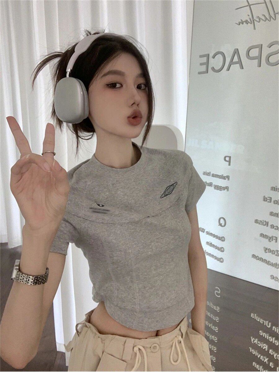 AMERICAN RETRO GRAY RAGLAN SLEEVE T-SHIRT WOMENS SUMMER 2024 NEW DESIGN SENSE FULL-SHOULDER CROPPED HERRINGBONE TOP