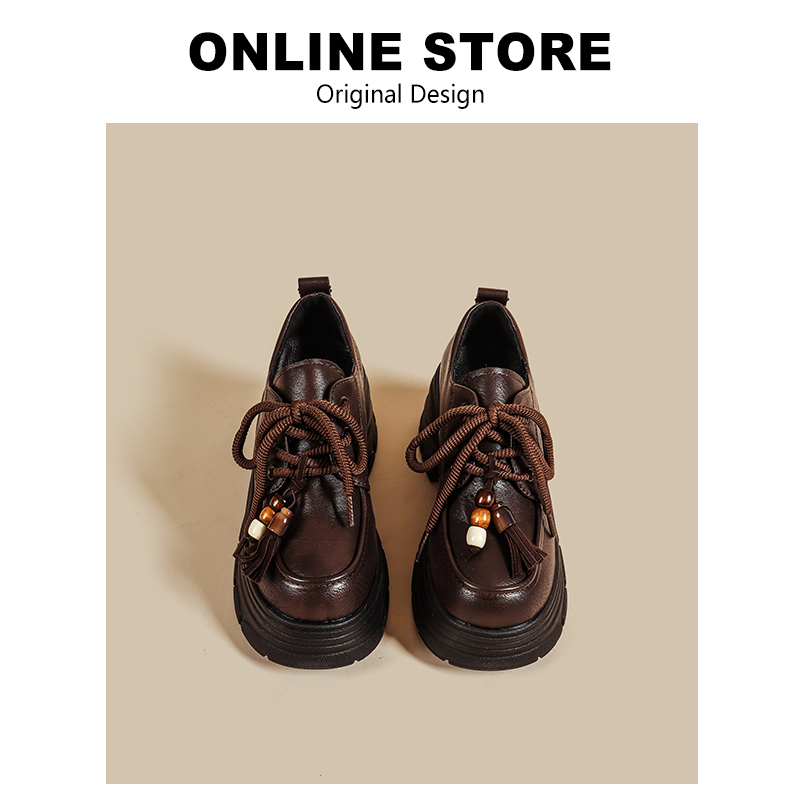 2025年新款厚底7CM增高乐福鞋女棕色粗跟英伦风小个子松糕小皮鞋