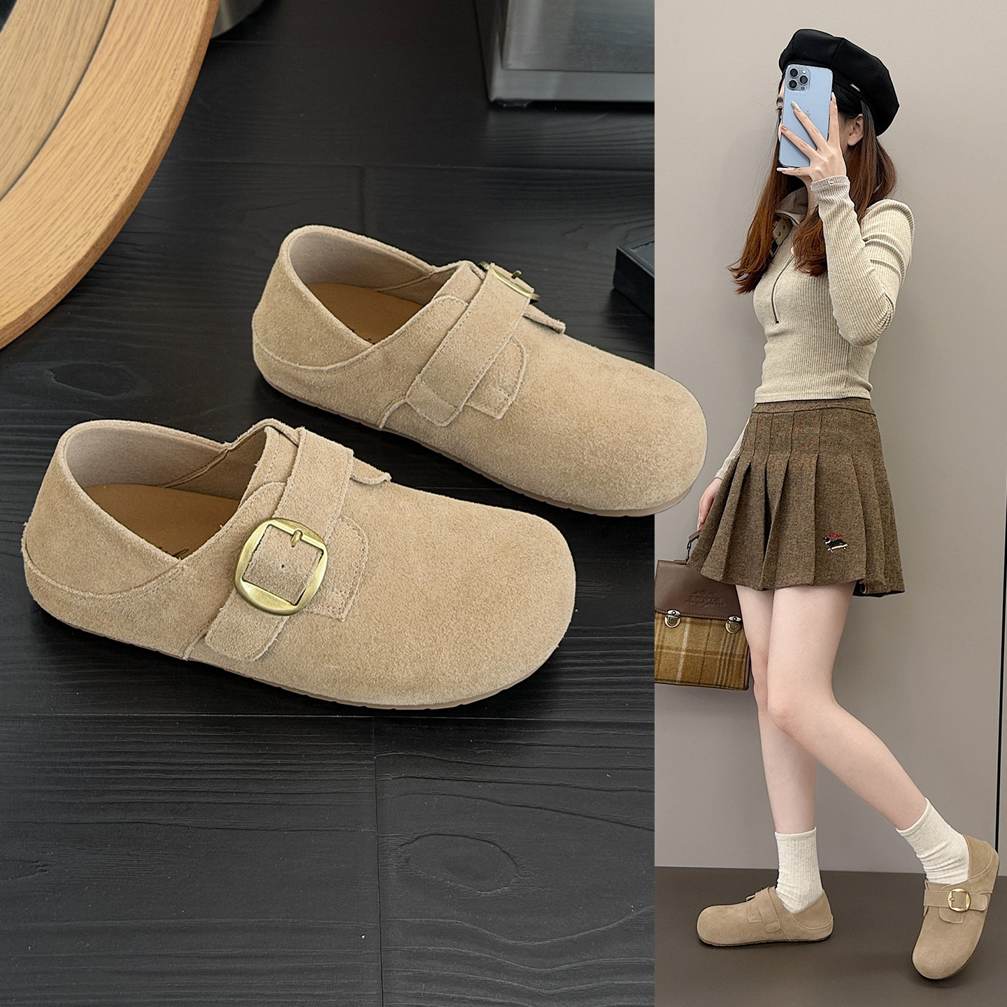 真皮两穿勃肯鞋女2026春秋季新款一脚蹬懒人半拖鞋平底牛皮博肯鞋,女鞋,勃肯鞋/软木鞋,淘宝优惠券,粉丝福利购,淘宝优惠卷