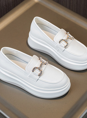 全牛皮小白鞋女厚底6CM内增高真皮2025新款秋季休闲乐福鞋半拖鞋