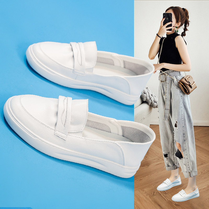 小白鞋女款2026春夏新款平底乐福鞋防滑护士孕妇一脚蹬皮鞋豆豆鞋