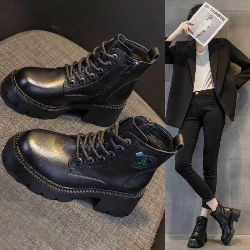 全牛皮马丁靴女时尚英伦风短靴2025秋冬新款时尚加绒厚底增高复古