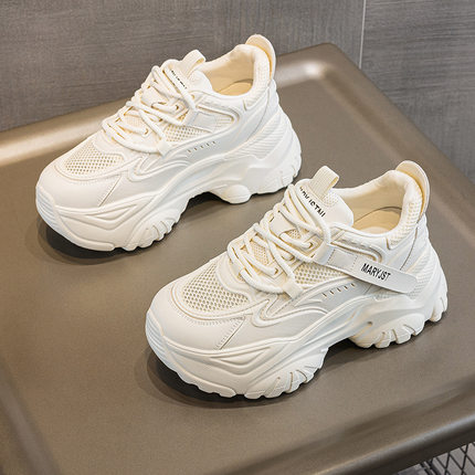 牛皮网面老爹鞋女2025秋季新款百搭厚底小白增高7CM休闲爆款透气