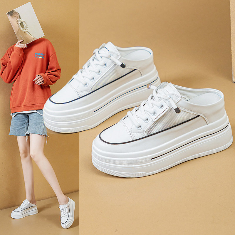 真皮网面包头半拖鞋女2026年夏季新款外穿厚底7CM透气松糕小白鞋