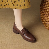 圆头深口一脚蹬软底中跟小皮鞋 女春夏新款 牛皮粗跟单鞋 复古乐福鞋