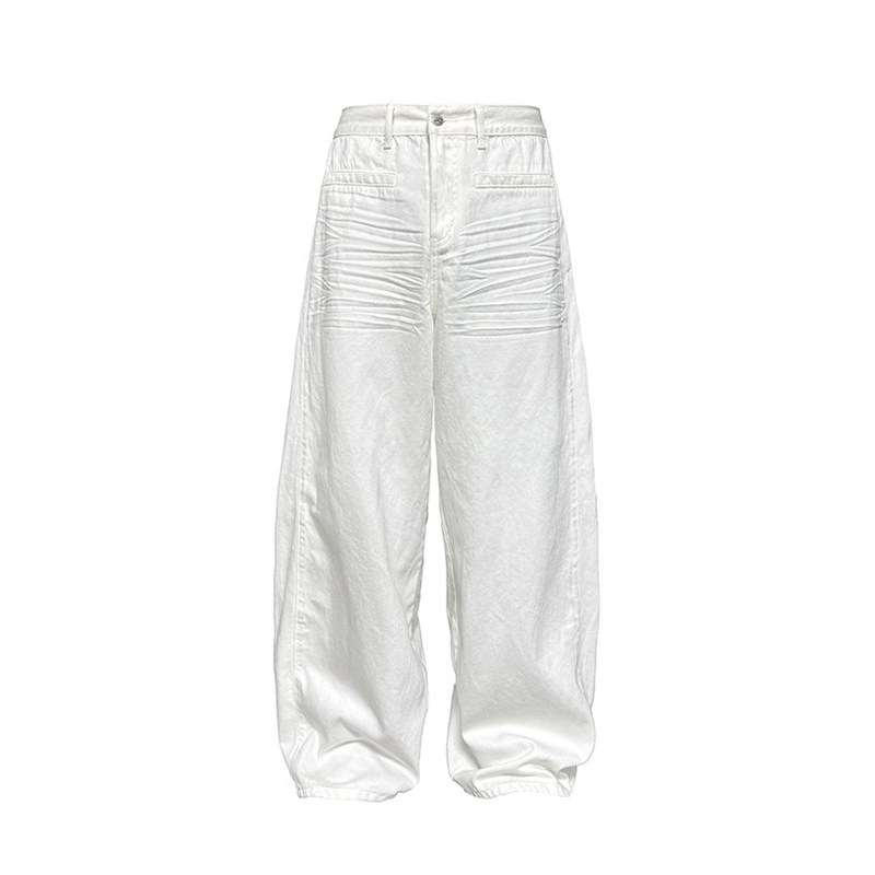 thumbnail for American spring summer draped feeling pressed pleated whiskering scratch wide leg white jeans loose straight mop trousers men and women
