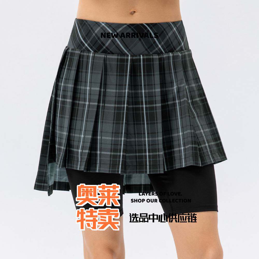 初之雯瑜伽服女运动格子假两件网球裙户外跑步健身训练防走光运动