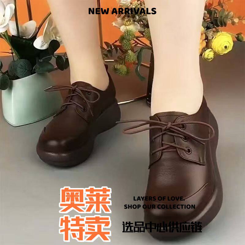 晋江合成鞋业运动鞋年新秋款圆头妈妈鞋软皮单鞋女士系带软面休闲