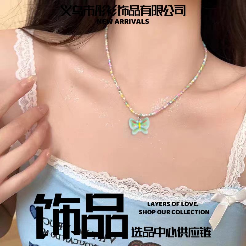 义乌市彤衫饰品糖果色串珠蝴蝶项链女小众甜美可爱少女风锁骨链新