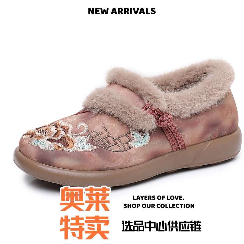 台州鞋新款国风绣花棉鞋女浅口一脚蹬软底保暖舒适时尚外穿妈妈鞋