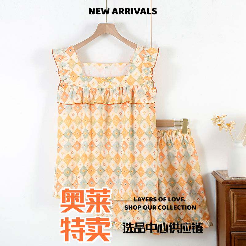 东帝南通睡衣春夏季新款吊带睡衣女士薄款纯棉单层纱布无袖背心短