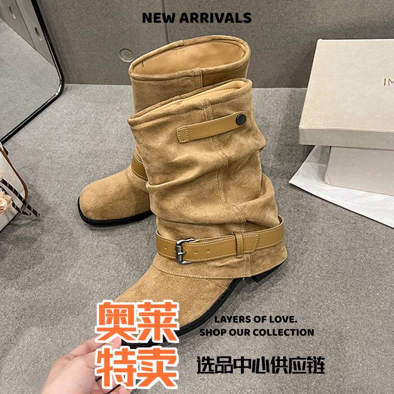 温州鞋业女鞋堆堆靴女中筒西部牛仔靴切尔西黑色绒面短靴轻便粗跟