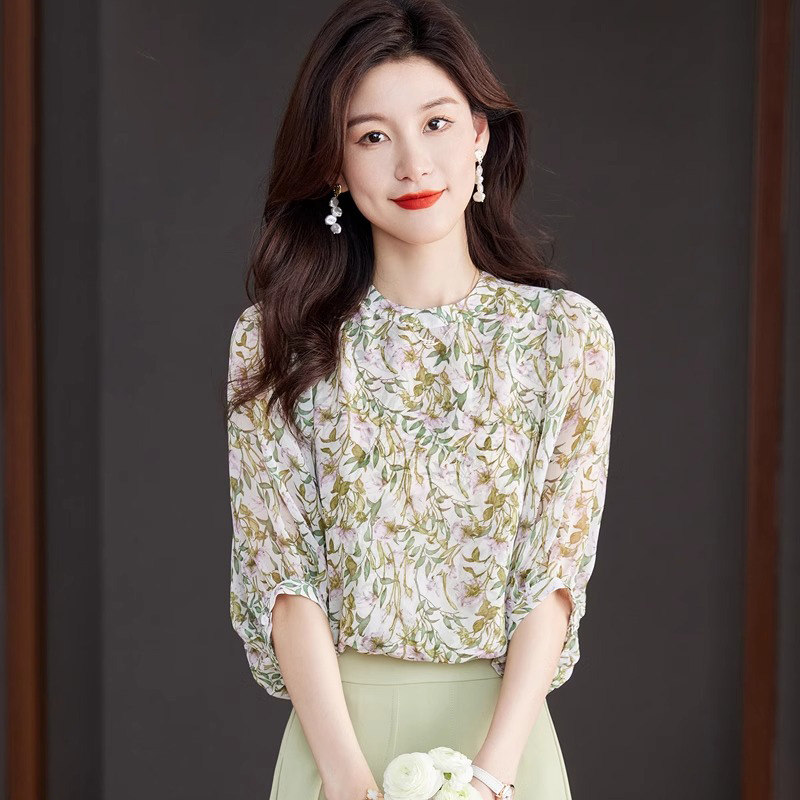 碎花雪纺衫女夏季短袖2025新款气质减龄拼接小衫宽松显瘦圆领衬衣