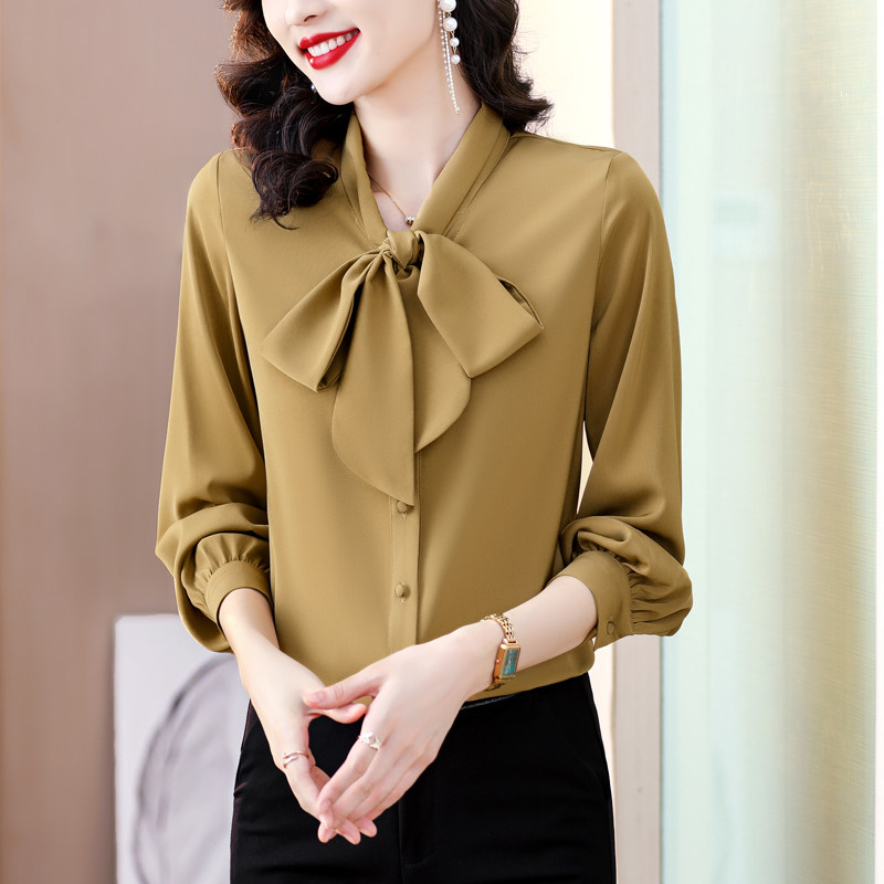 雪纺衬衫女春夏新款高级感气质缎面衬衣宽松蝴蝶结飘带妈妈装上衣