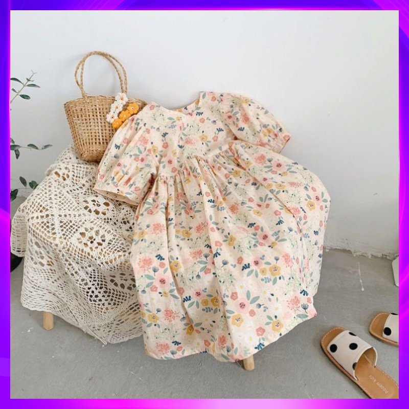 品牌韩国童装女童短袖碎花连衣裙女孩夏季长裙小清新洋气泡泡袖