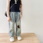 2026夏季 薄款 新款 男女孩潮范复古休闲长裤 韩版 女童怀旧破洞牛仔裤