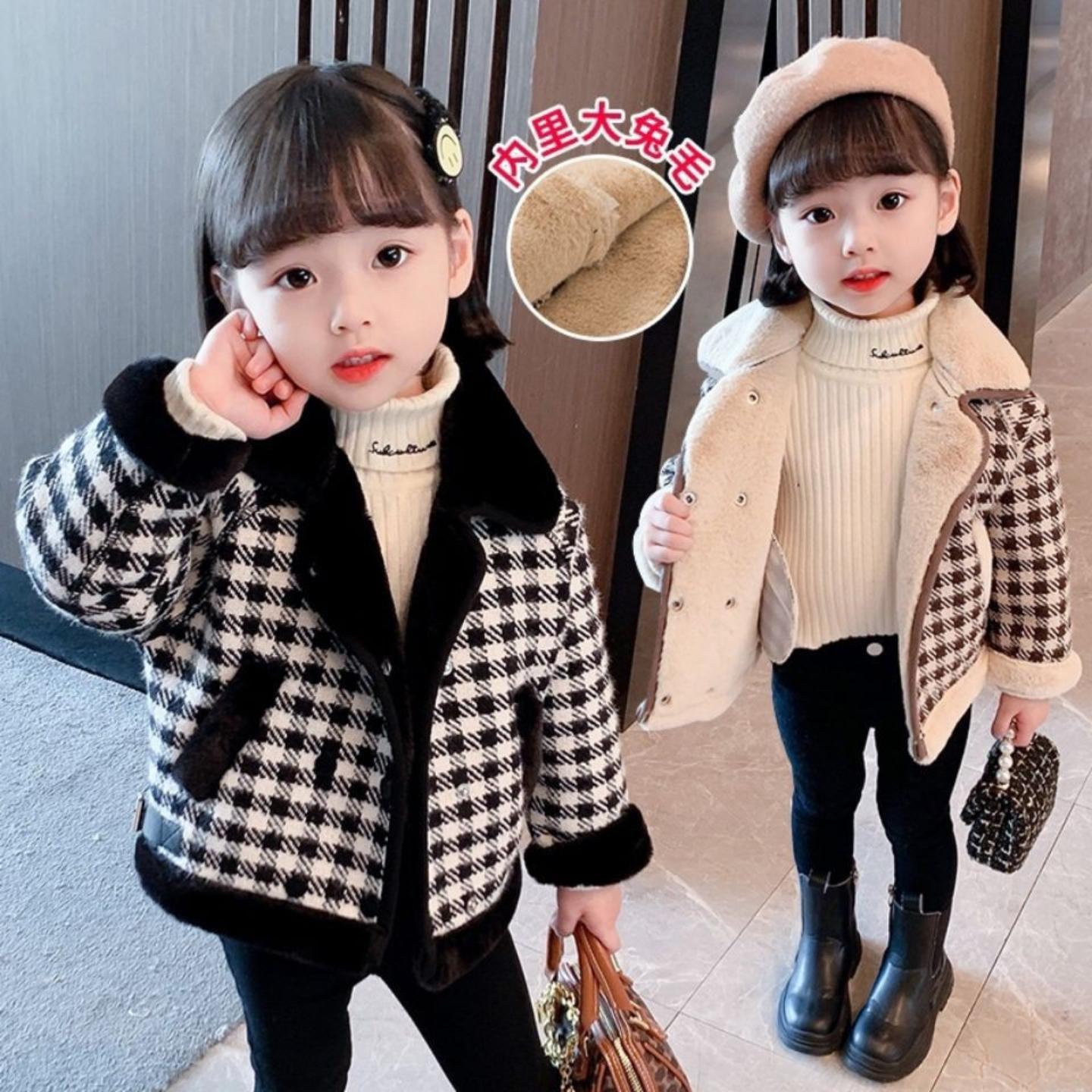 女童加厚外套秋冬装2026新款洋气网红儿童女宝宝加绒格子呢子大衣