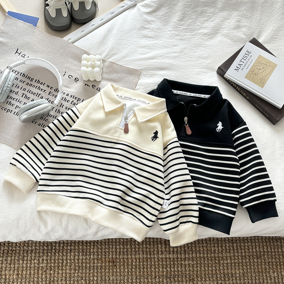品牌儿童卫衣2025秋季新款男女宝同款拉链polo领长袖条纹拼接百搭