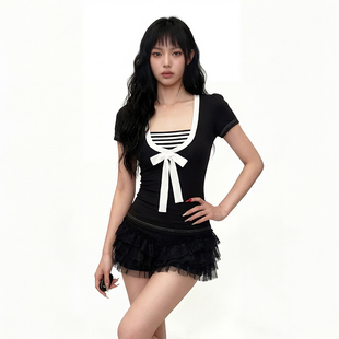 EILOVE 复古学院风条纹撞色u型领上衣女胸前蝴蝶结绑带泡泡袖T恤