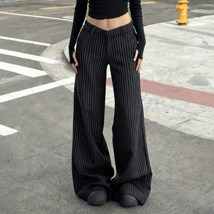 女y2k千禧辣妹v字低腰阔腿长裤 复古黑底竖条纹微喇裤 美式 EILOVE