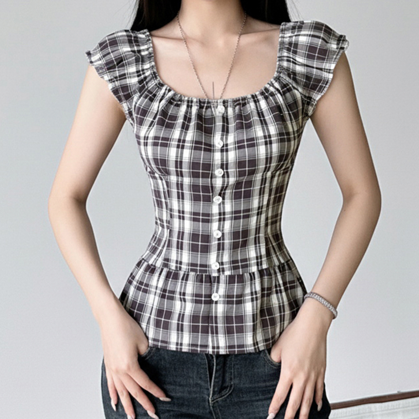 法式复古棕色格纹短袖衬衫