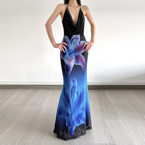 海岛度假风水彩花卉印花连衣裙