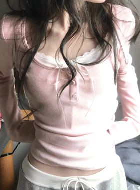 eilove韩系古早少女蕾丝拼接T恤女纯欲内搭修身打底衫假两件上衣