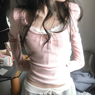 eilove韩系古早少女蕾丝拼接T恤女纯欲内搭修身 假两件上衣 打底衫