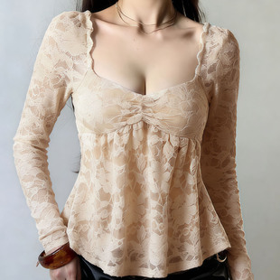 eilove纯欲性感低胸方领提花蕾丝T恤女法式 气质收腰A摆显瘦上衣