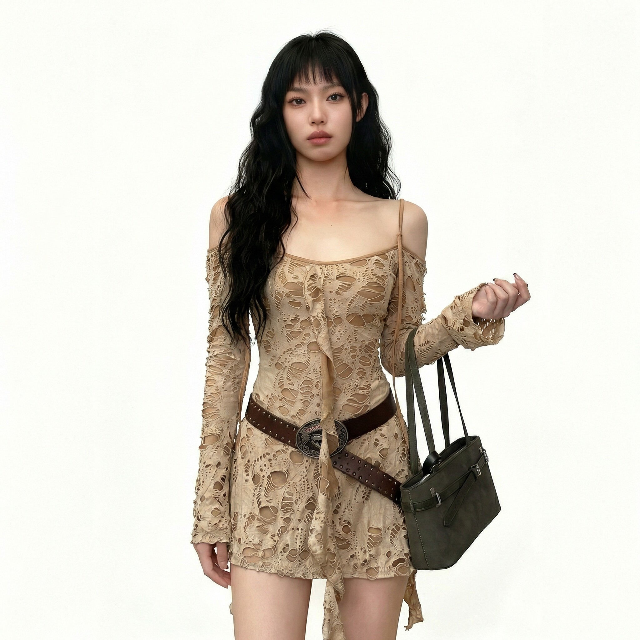 eilove破碎废土风肌理镂空卡其色连衣裙女荷叶边飘带露肩不规则裙