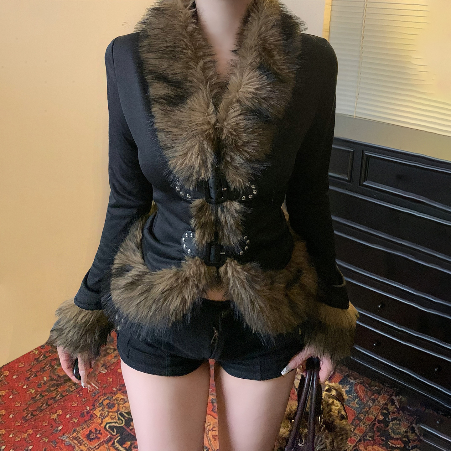 eilove涉谷街头时髦辣妹棕色毛领外套女小众百搭皮扣夹克秋冬上衣