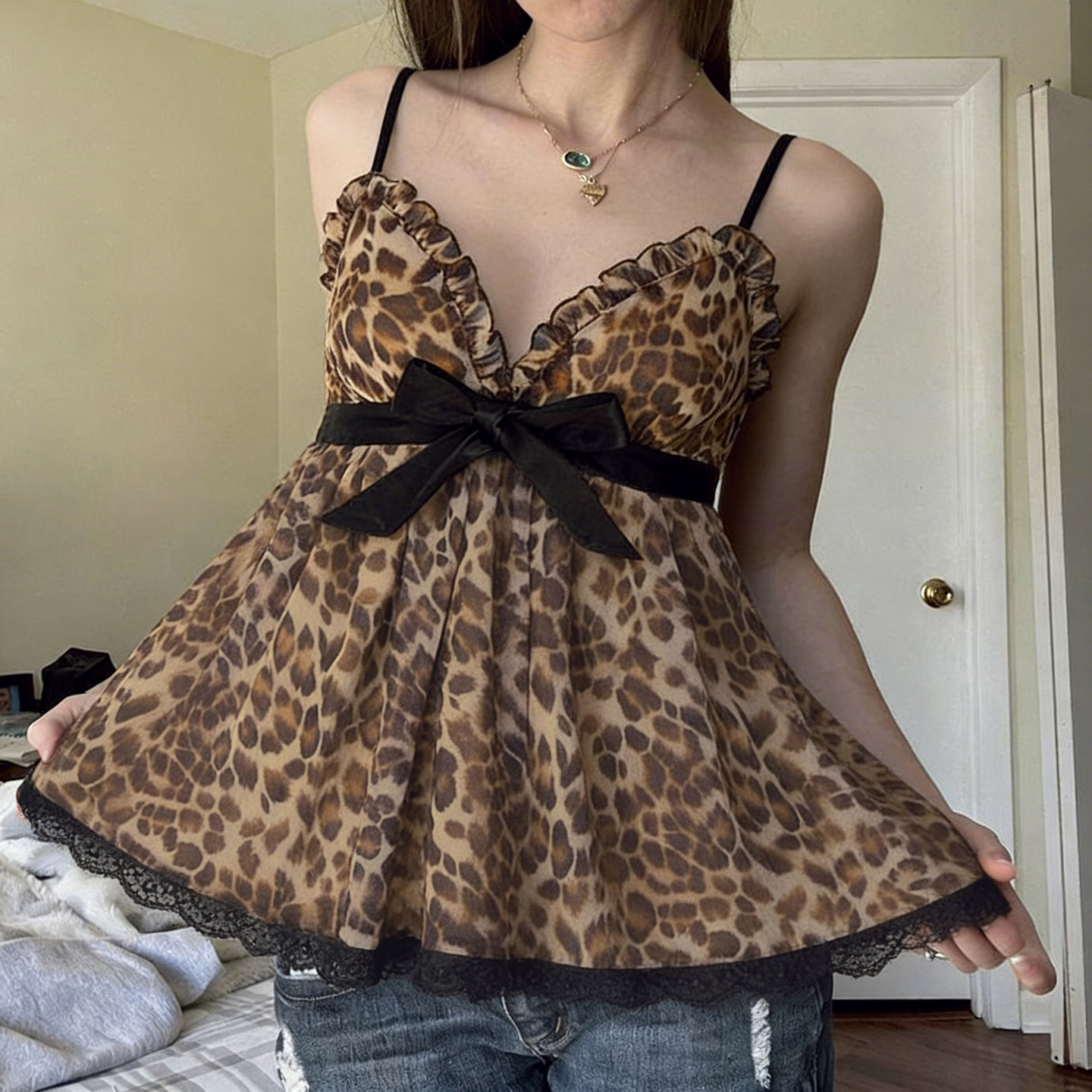 EILOVE 日杂涉谷豹纹网纱木耳边吊带古早少女黑色缎带蝴蝶结上衣