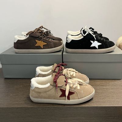 真皮加绒保暖星星板鞋女2025冬季新款厚底复古做旧休闲运动二棉鞋