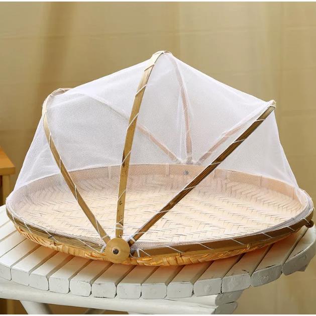 手工竹编制品家用防苍蝇防虫带网纱菜罩晾晒馒头筐桌罩水果篮簸箕