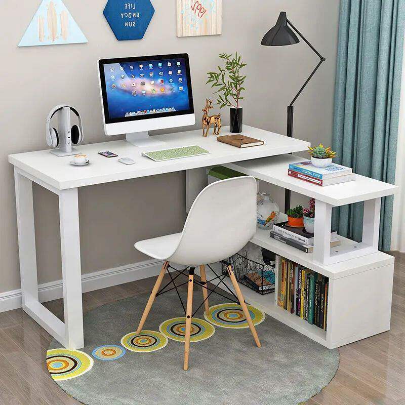 实木简易台式转角办公桌卧室L旋转电脑桌写字学习书桌书架柜组合