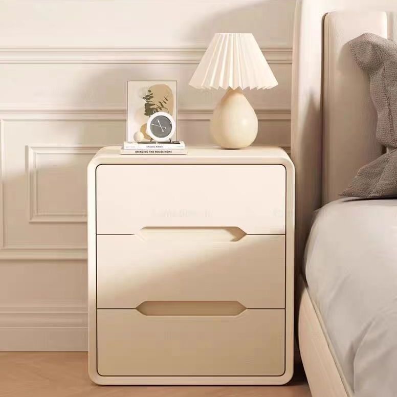 奶油实木床头柜简约现代卧室家用收纳床边柜轻奢新款储物柜免安装