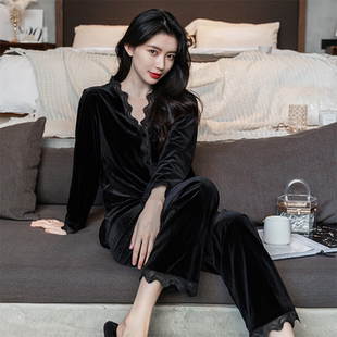 维多利亚金丝绒睡衣女款性感春秋款网红风长袖黑色秋冬款2025年新