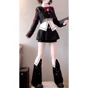 川晴女子小众设计感黑红短款西服外套尖领白色衬衫短款裤裙套装
