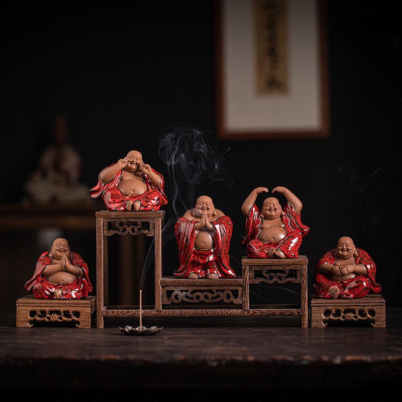 新中式禅意弥勒佛手工陶瓷摆件家居客厅玄关处办公室茶桌茶宠装饰