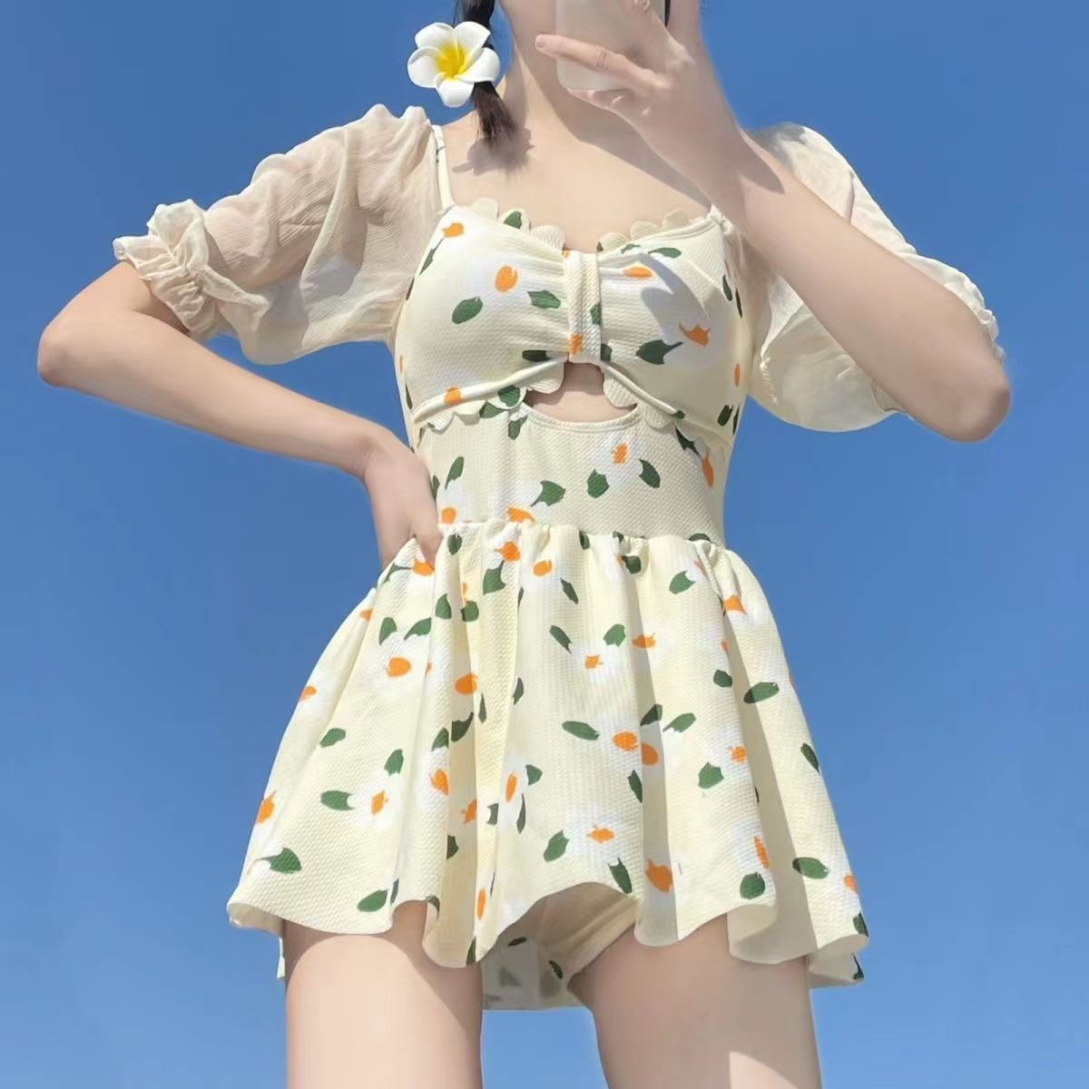 游泳衣女仙气连体荷叶边保守显瘦遮肚温泉甜美小清新学生泳装